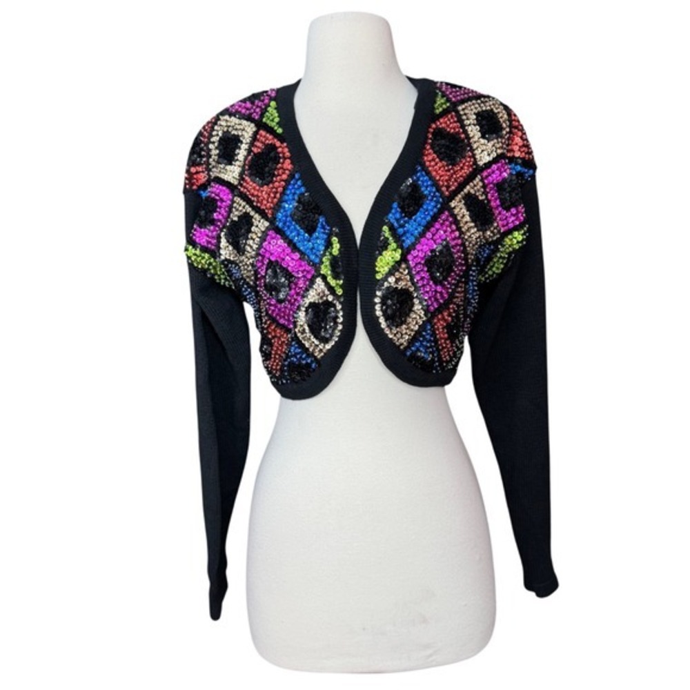 Vintage 90's Small Long Sleeve Colorful Sequin Sweater‎ Shrug Ramie Cotton